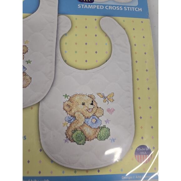 Design Works Baby Bear Stamped Bib Cross Stitch Kit Pair USA MADE New - Picture 3 of 5